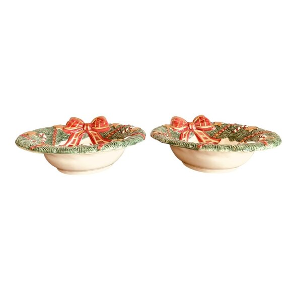 Fitz and Floyd Bow Candy Bowl Set of 2 With Christmas Tree Design 7" Wide - Picture 2 of 8